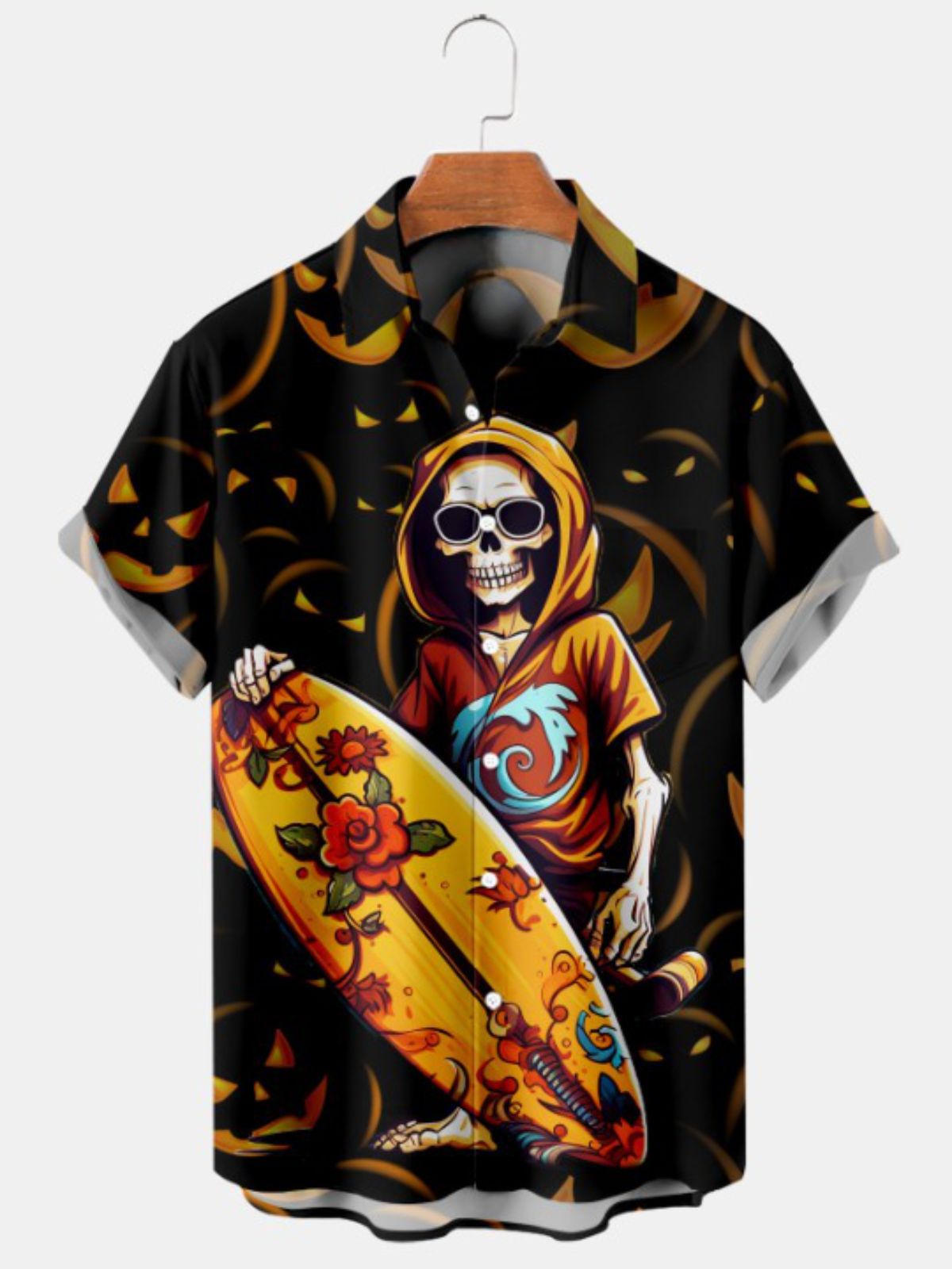 Pumpkin Surfboard Print Short Sleeve Shirt