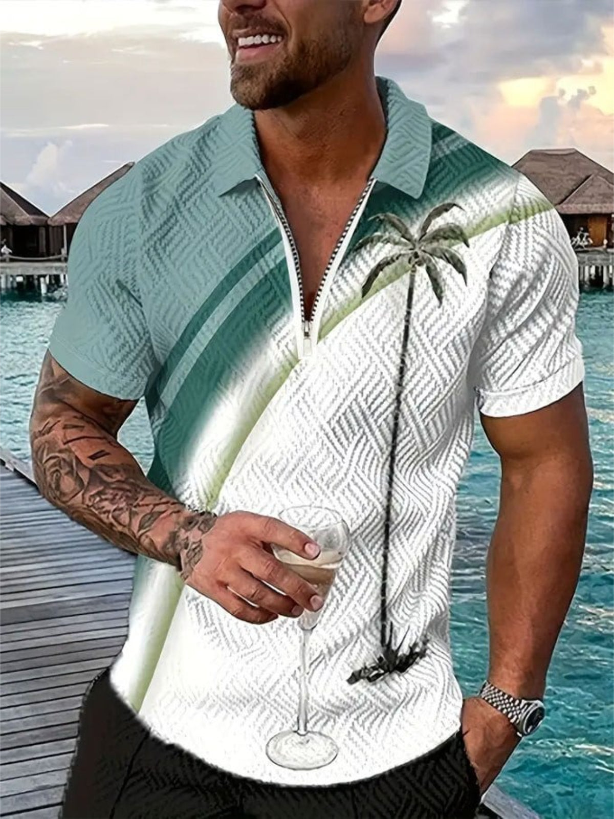 Resort Style Tropical Print Zip Collar Polo Shirt