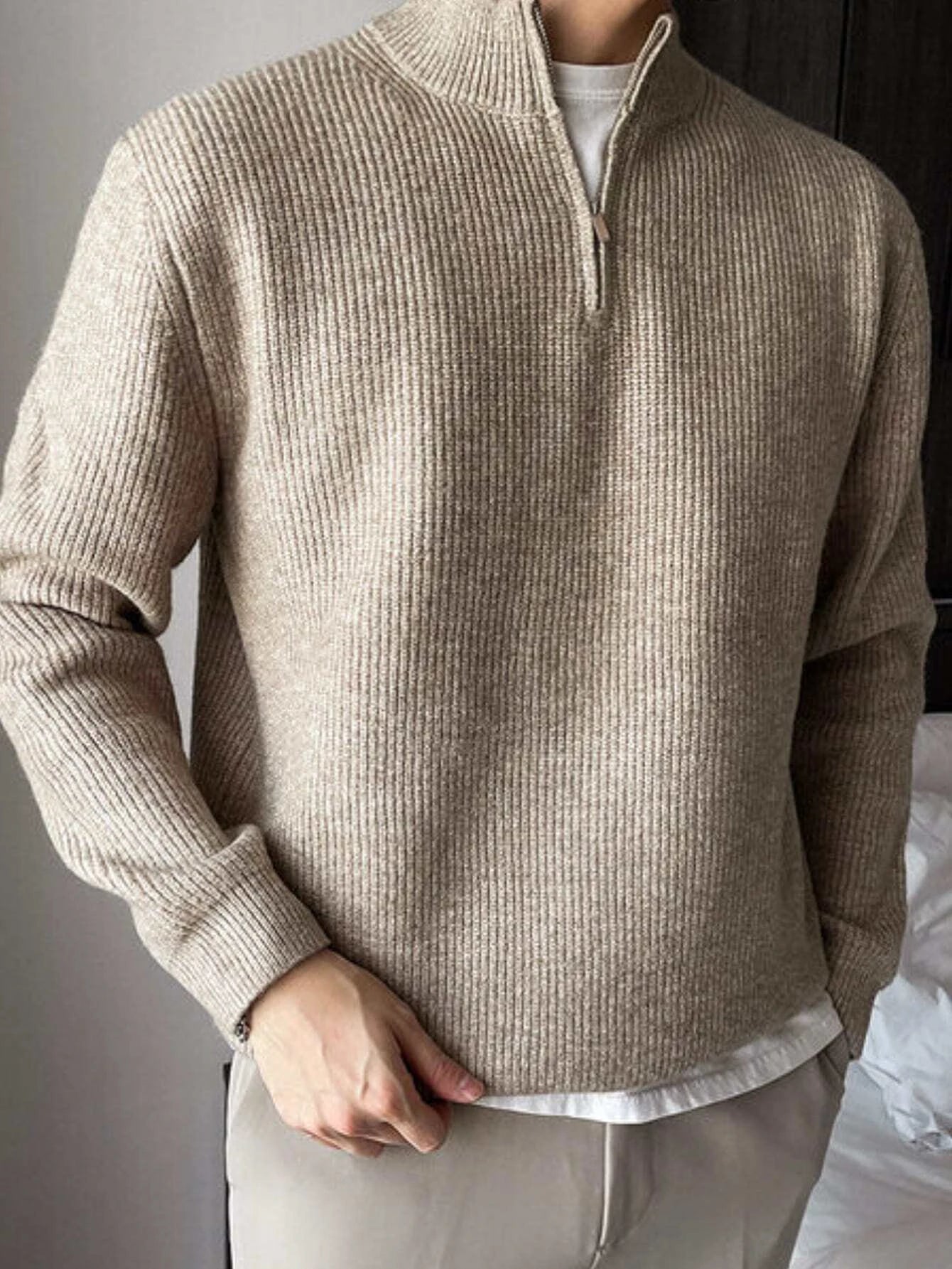 Ribbed Knit Quarter Zipper Sweater