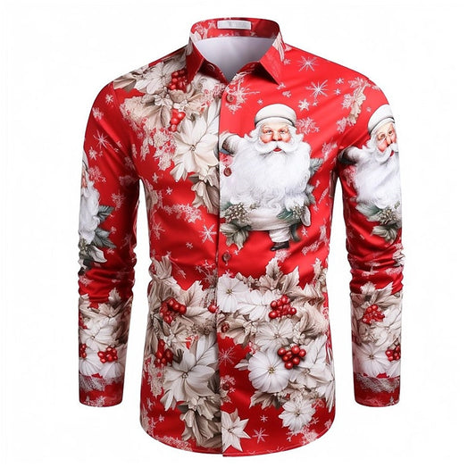 Santa Claus And Poinsettia Festive Christmas Print Shirt