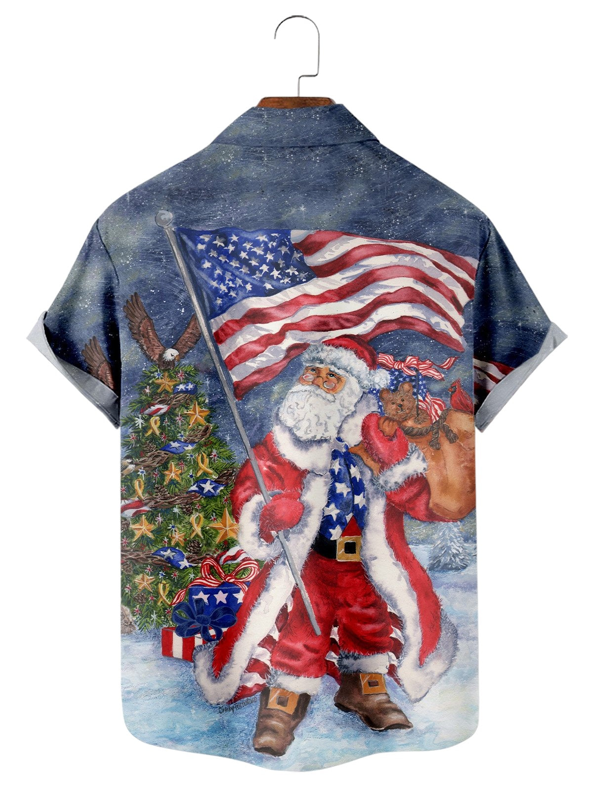 Santa Claus Holding American Flag Print Shirt