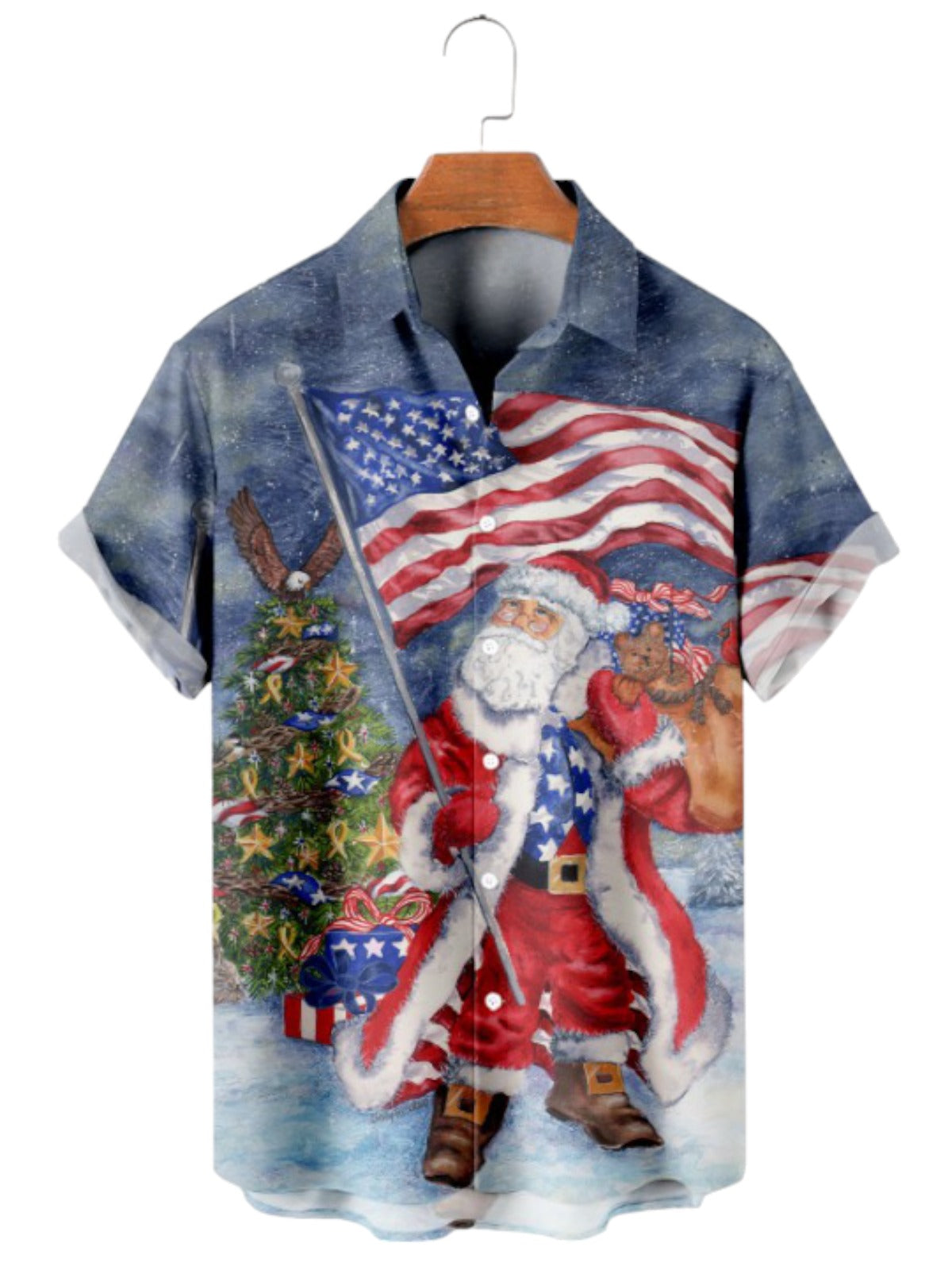 Santa Claus Holding American Flag Print Shirt