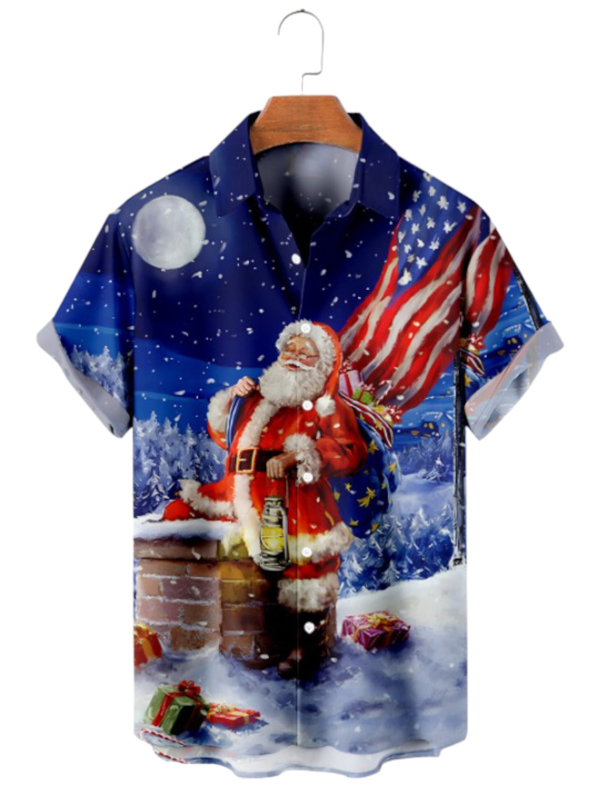 Santa Claus USA Flag Print Short Sleeve Shirt