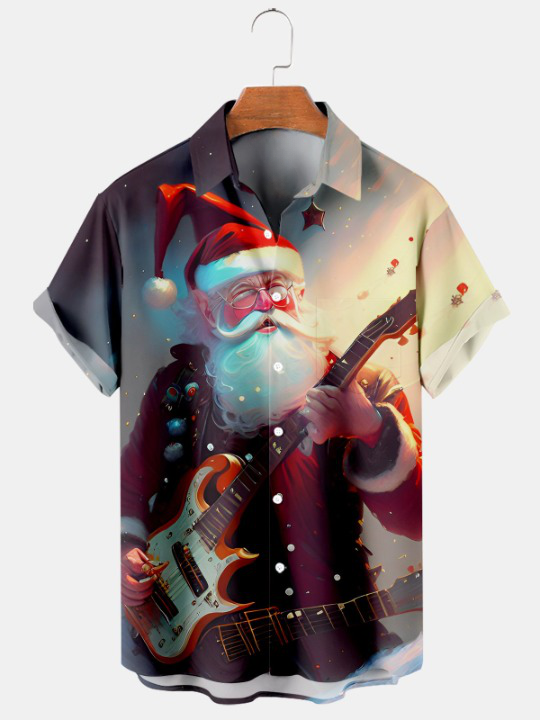 Santa Guitar Christmas Casual Short Sleeve Shirt
