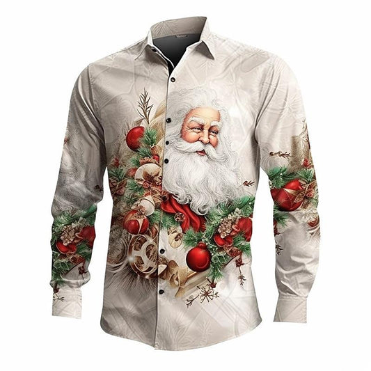 Santa Print Casual Stretch Shirt For Christmas