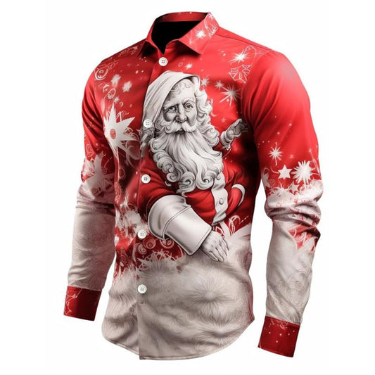 Santa Print Casual Stretch Shirt For Christmas