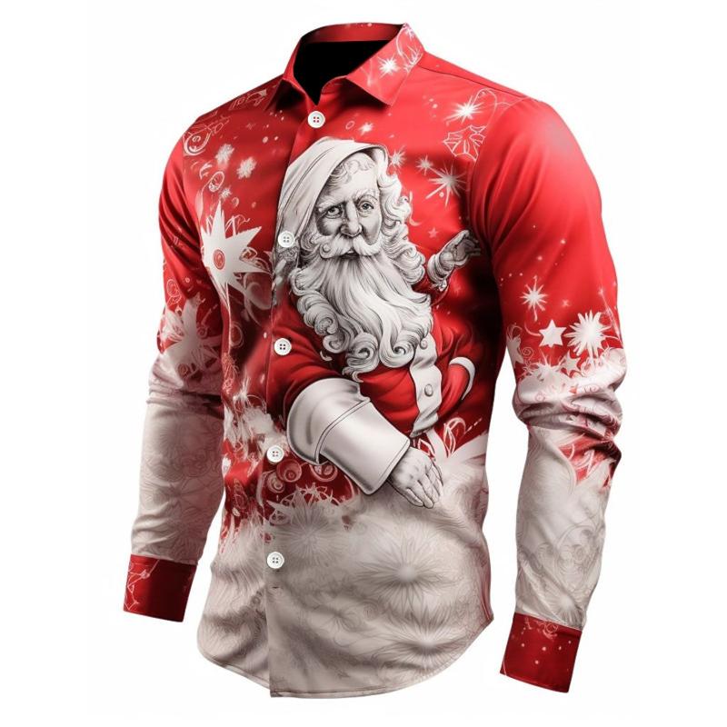 Santa Print Casual Stretch Shirt For Christmas