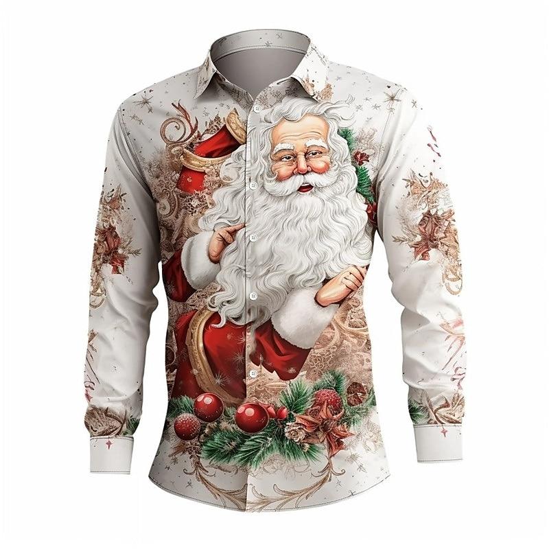 Santa Print Casual Stretch Shirt For Christmas