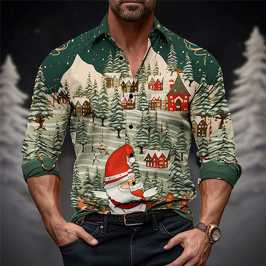 Santa Print Christmas Theme Shirt