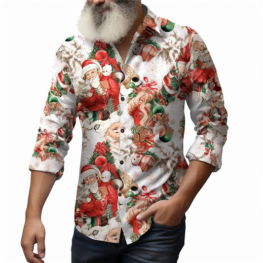 Santa Print Long Sleeve Shirt For Christmas