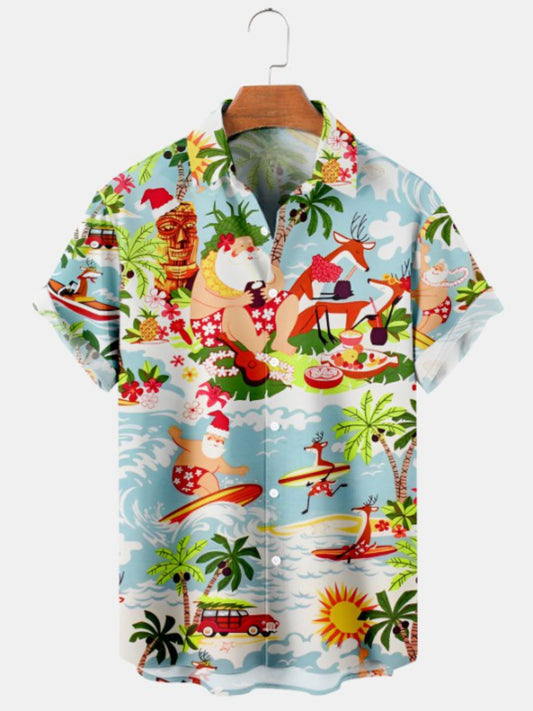 Santa Surf Print Casual Short Sleeve Shirt