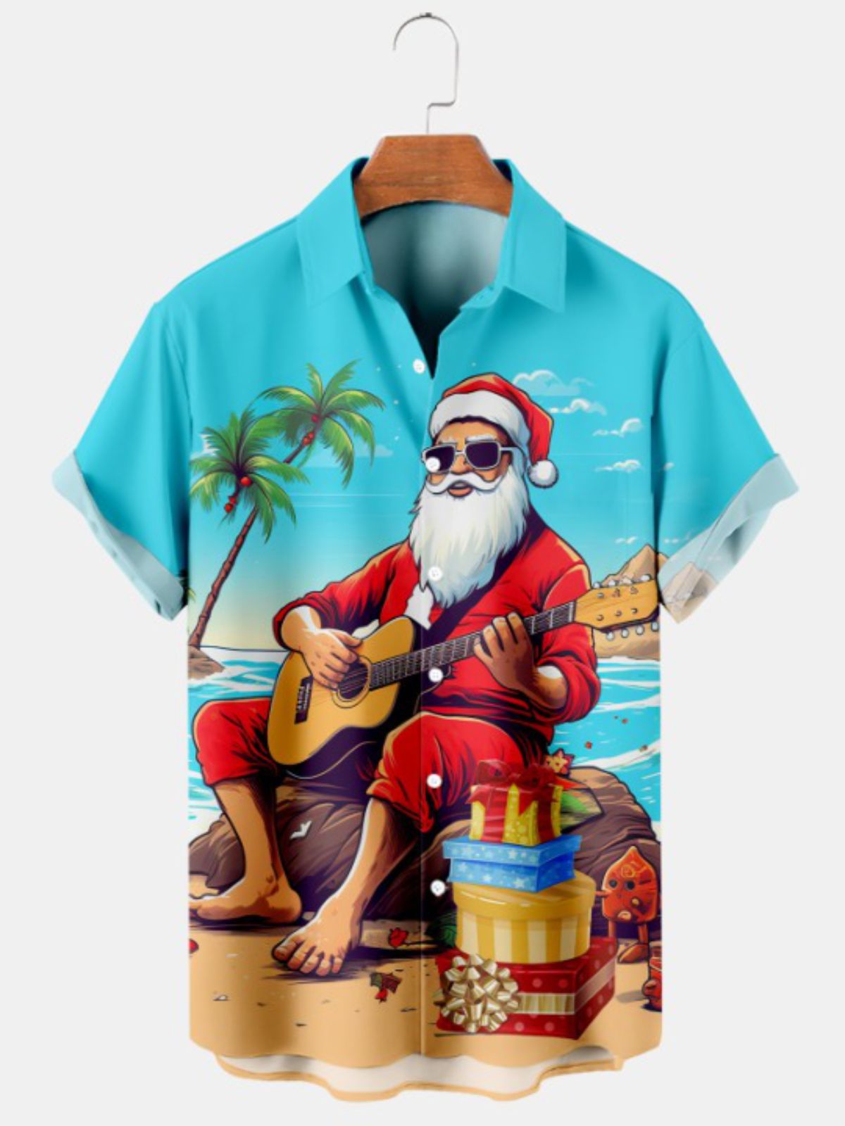 Seaside Playing Guitar Print Short Sleeve Shirt