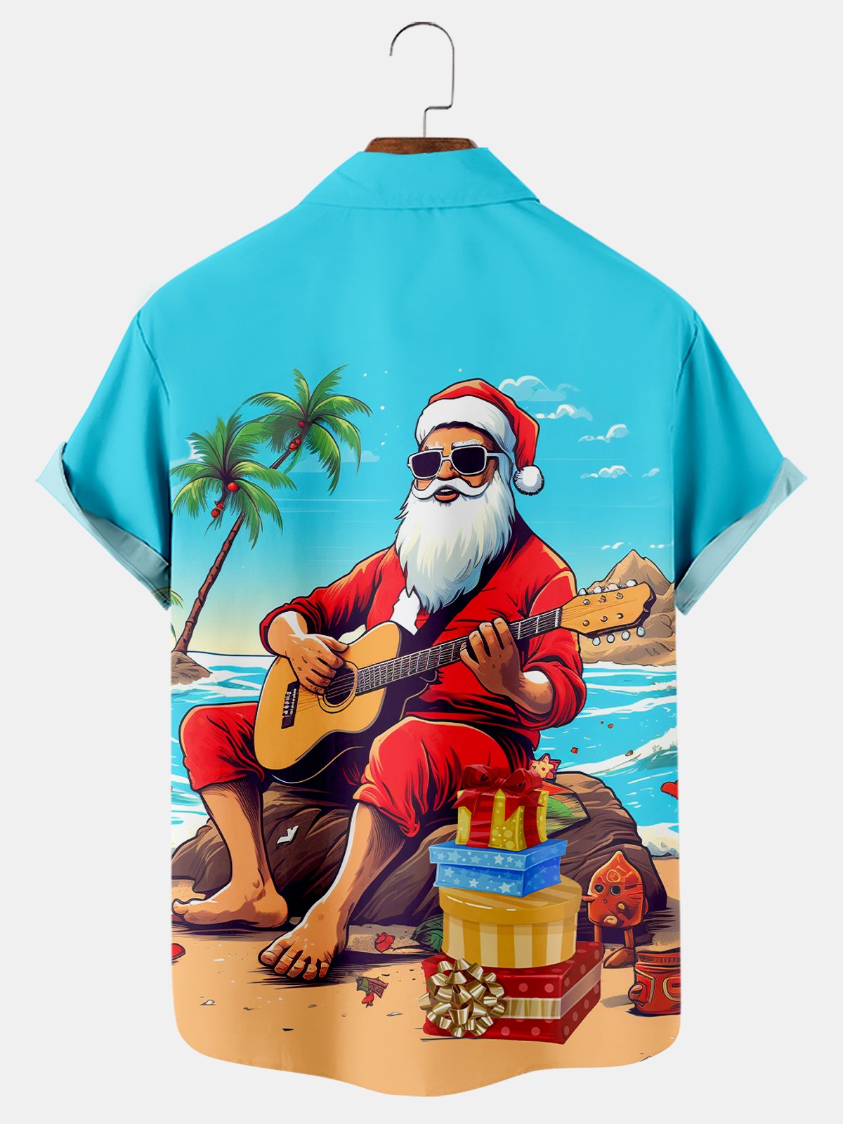 Seaside Playing Guitar Print Short Sleeve Shirt