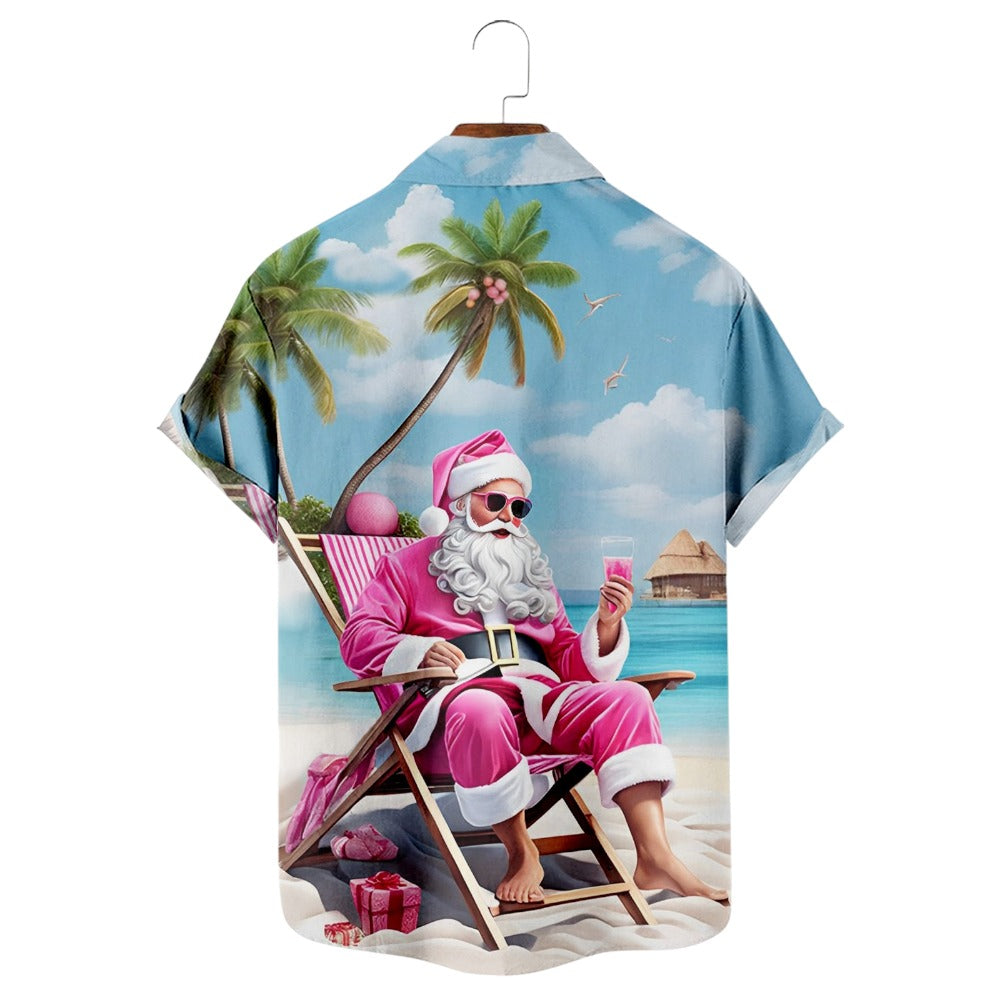 Seaside Santa Print Casual Short Sleeve Shirt