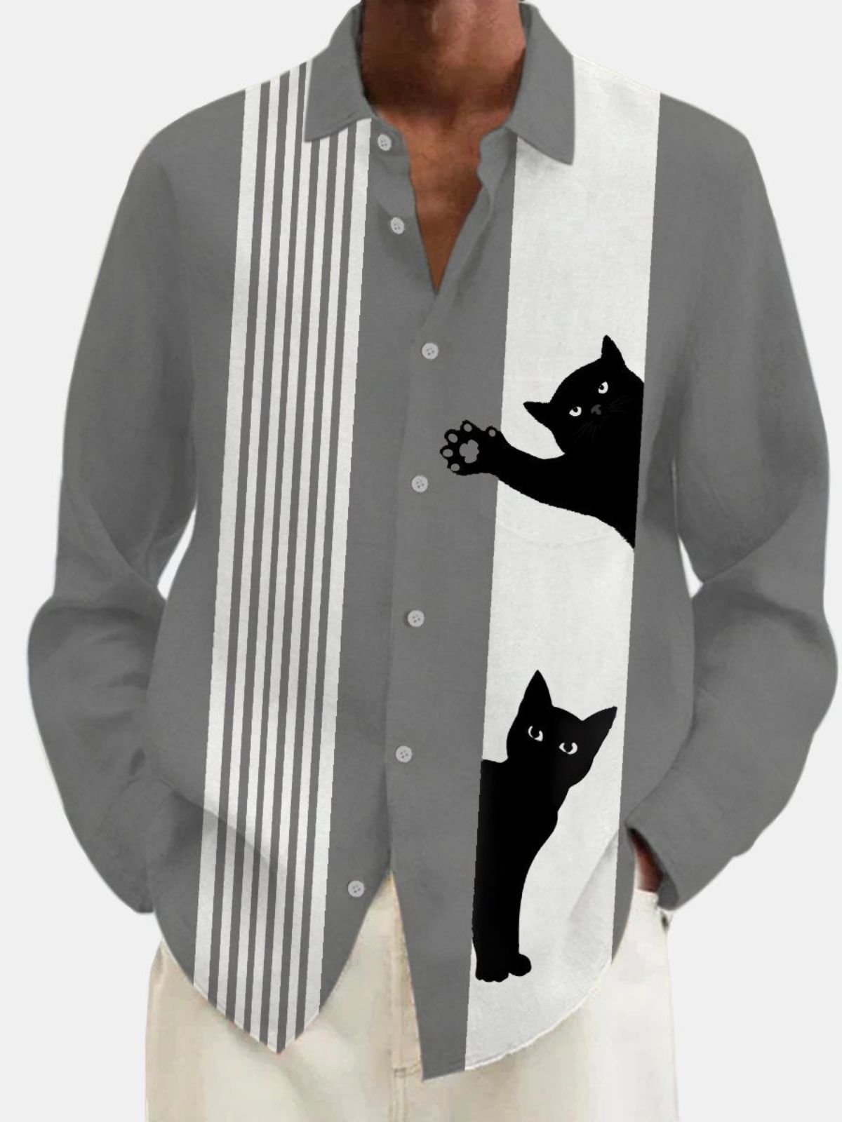 Simple Cat Stripe Print Long Sleeve Shirt