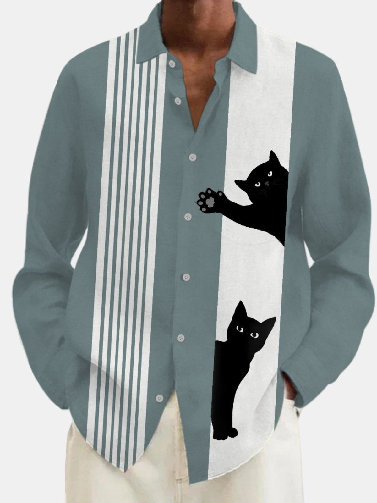 Simple Cat Stripe Print Long Sleeve Shirt