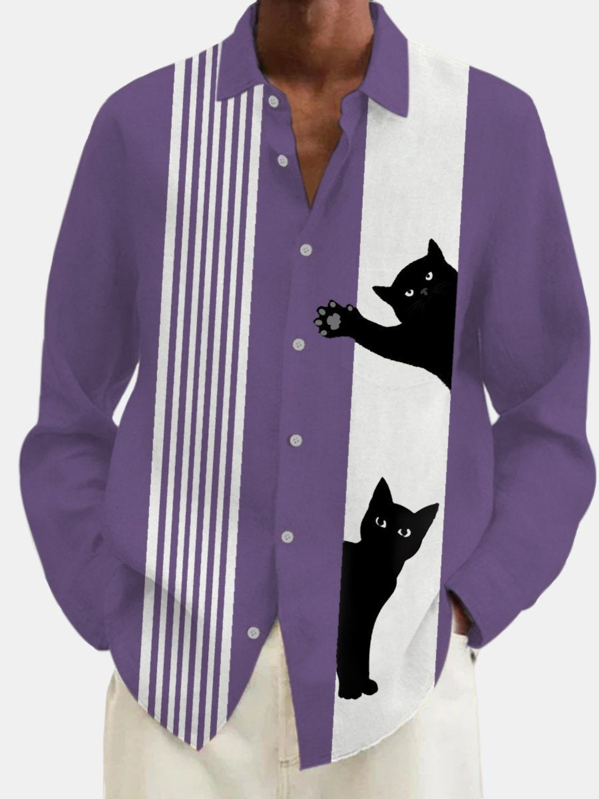 Simple Cat Stripe Print Long Sleeve Shirt