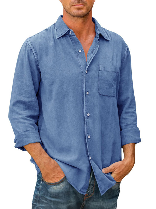 Solid Colored Pocket Cotton Long Sleeve Shirt