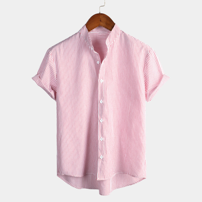 Stand Collar Short Sleeve Striped Classic Shirts