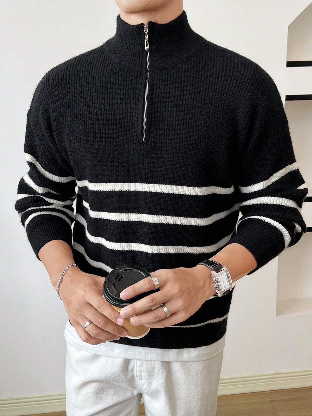 Striped Pattern Half Zip Sweater