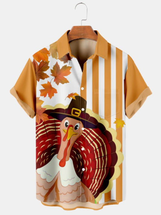 Striped Turkey Print Pocket Short Sleeve Shirt