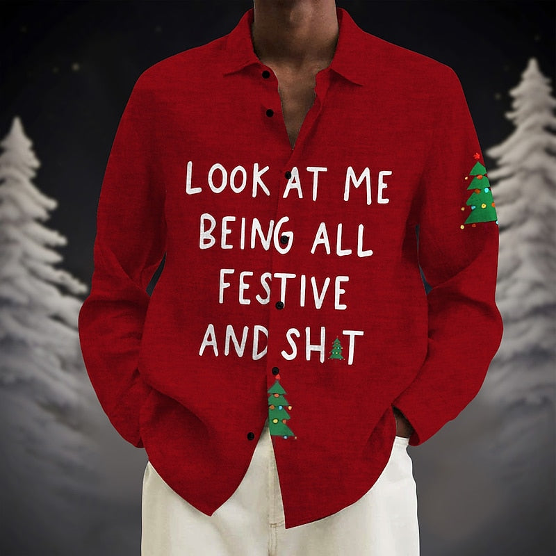 Text And Christmas Tree Printed Shirt