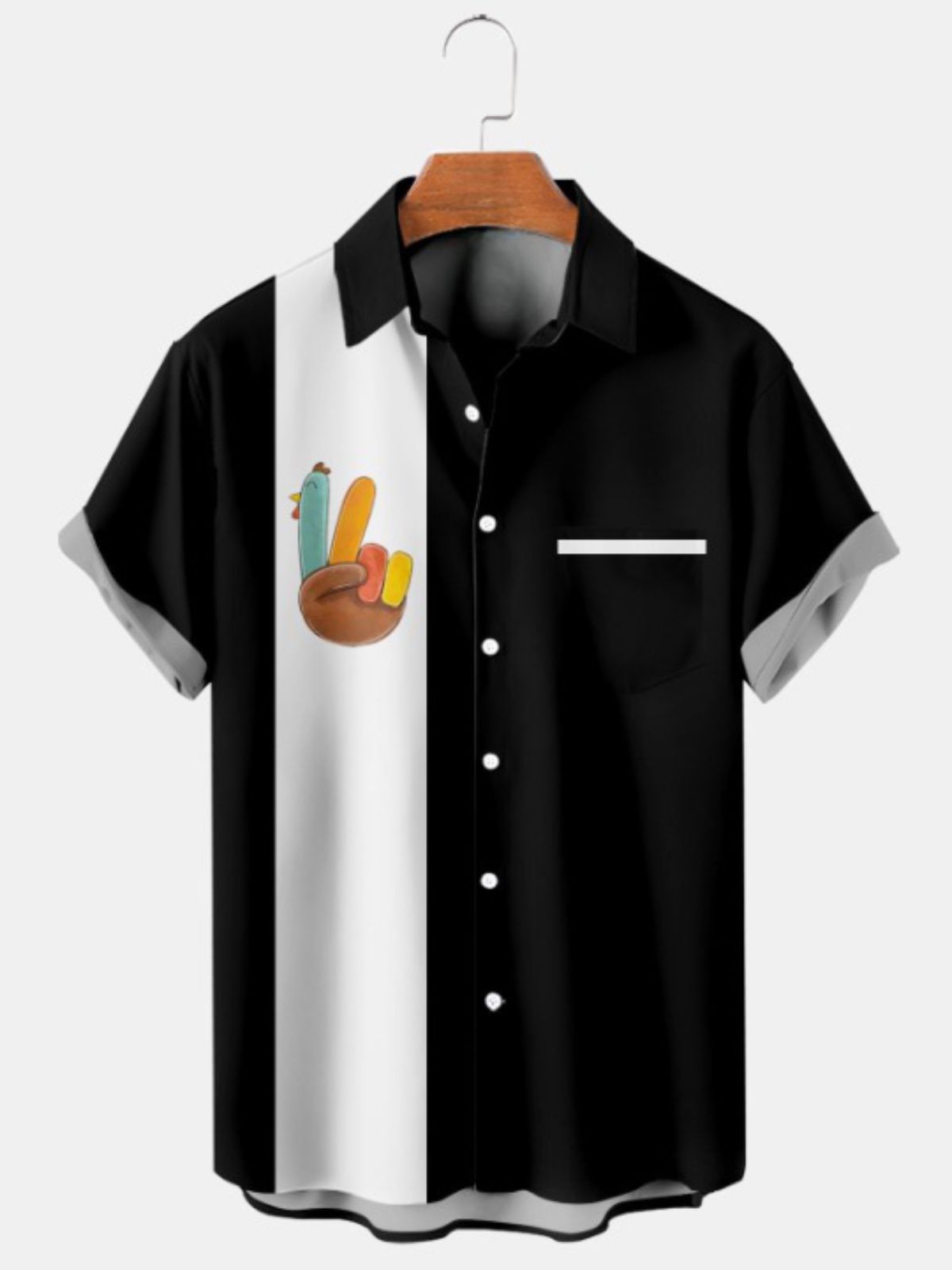Thanksgiving Fun Turkey Print Short Sleeve Bowling Shirt