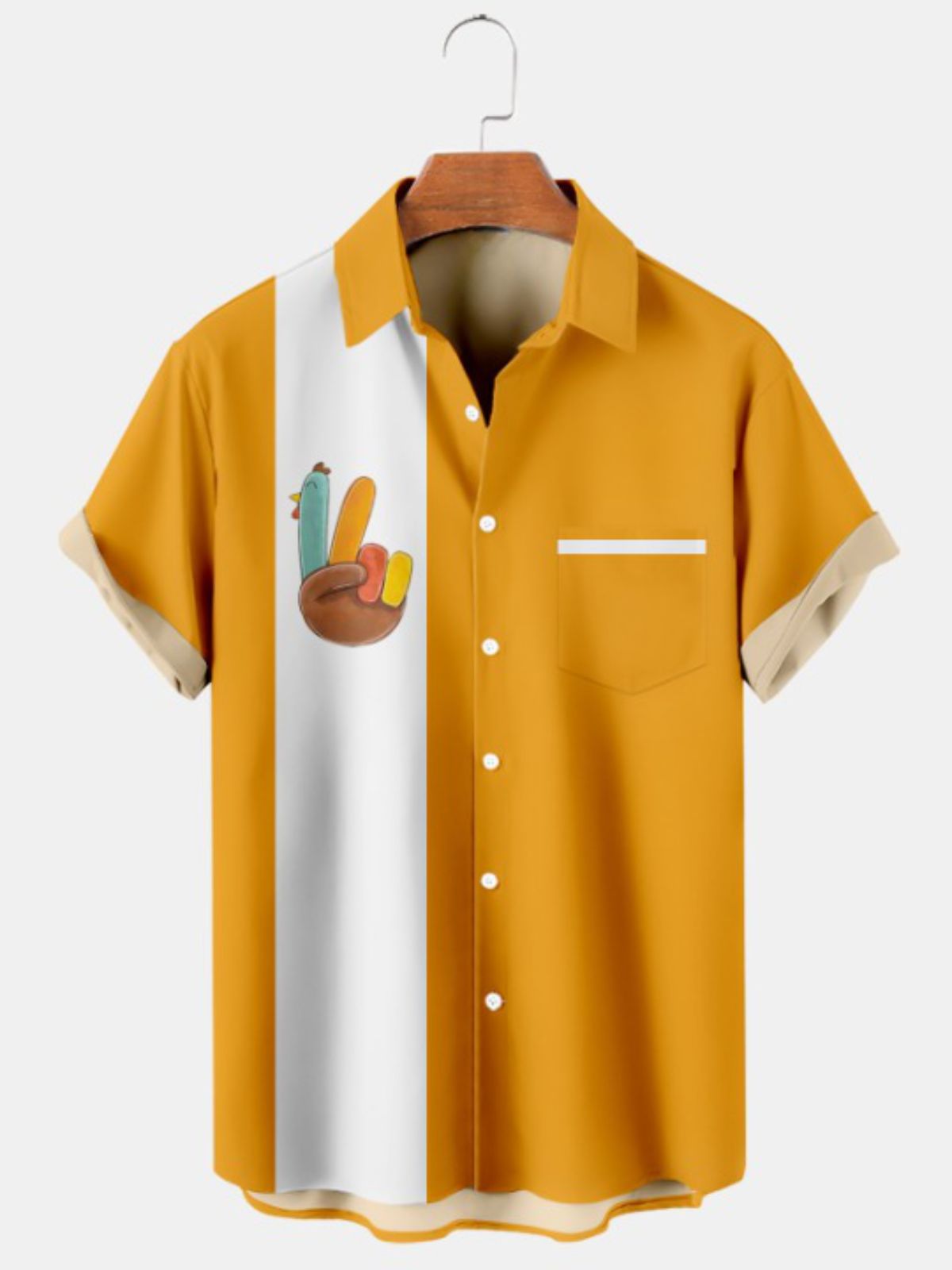 Thanksgiving Fun Turkey Print Short Sleeve Bowling Shirt