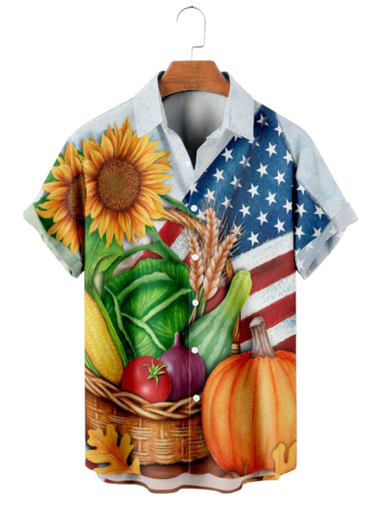 Thanksgiving Harvest American Flag Print Short Sleeve Shirt
