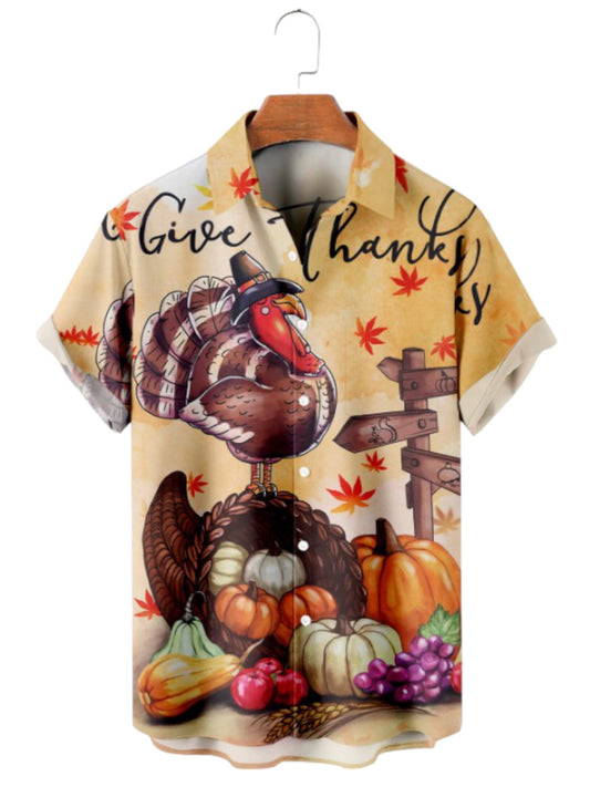 Thanksgiving Harvest Turkey Print Short Sleeve Shirt