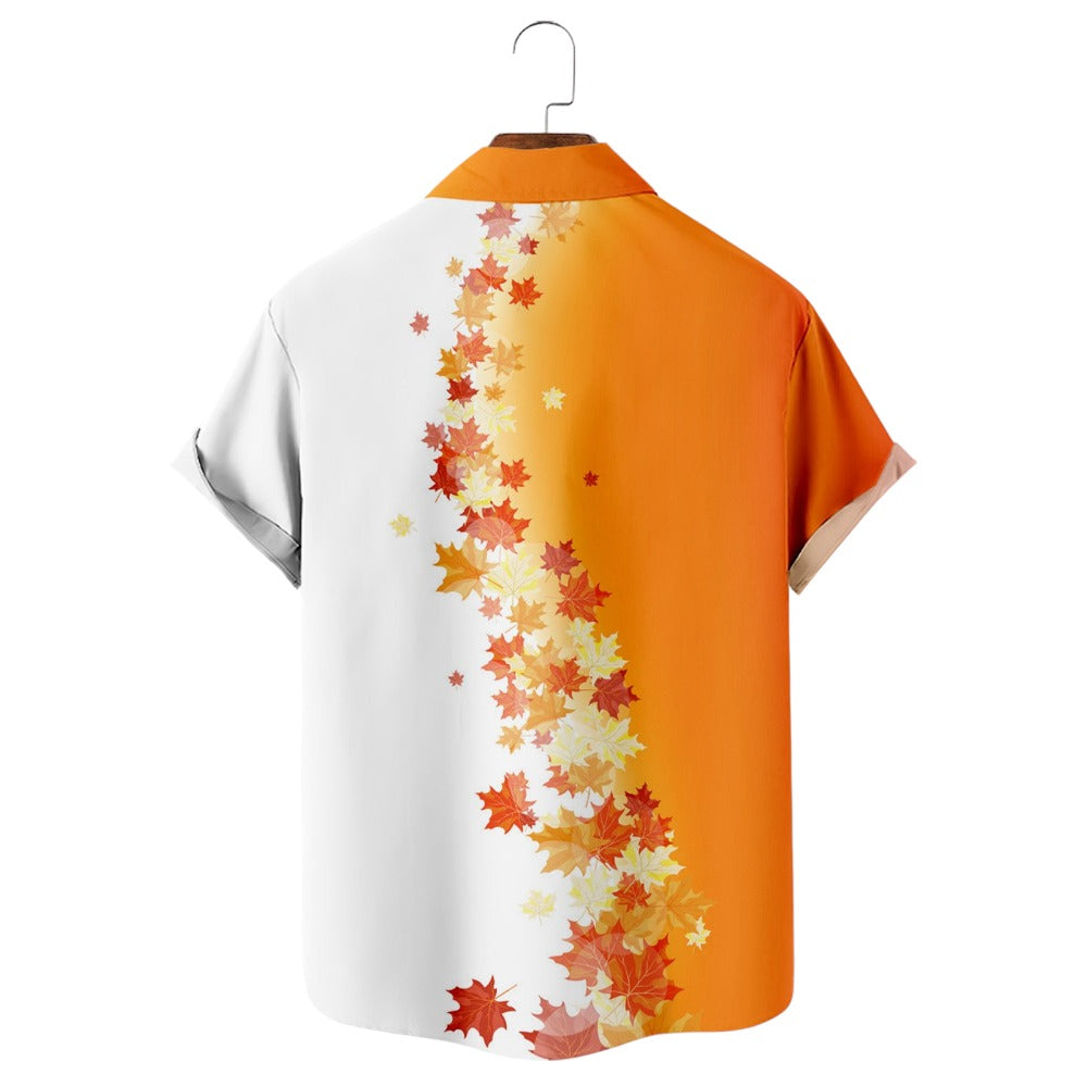Thanksgiving Maple Leaf Print Short Sleeve Shirt