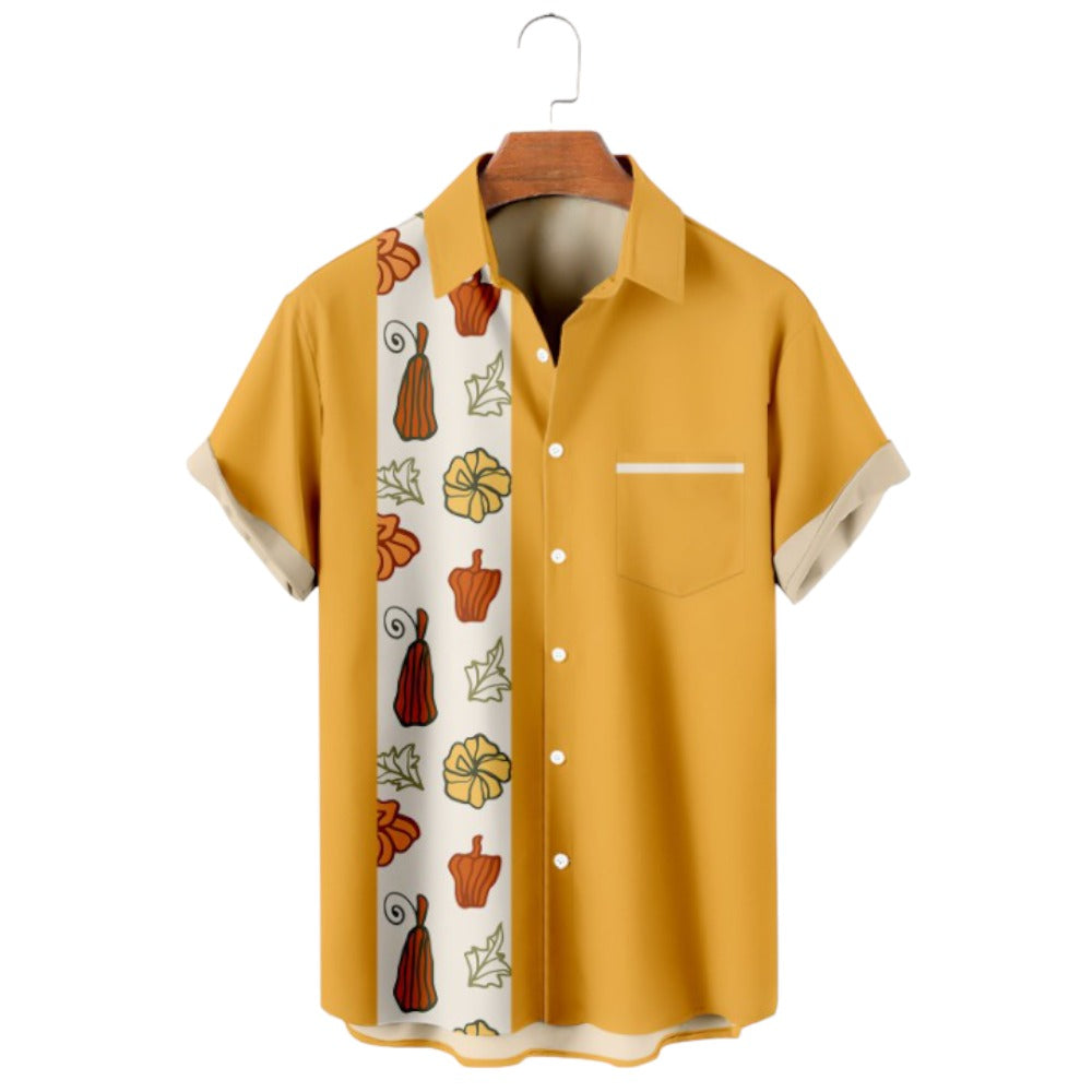 Thanksgiving Pumpkin Print Short Sleeve Bowling Shirt