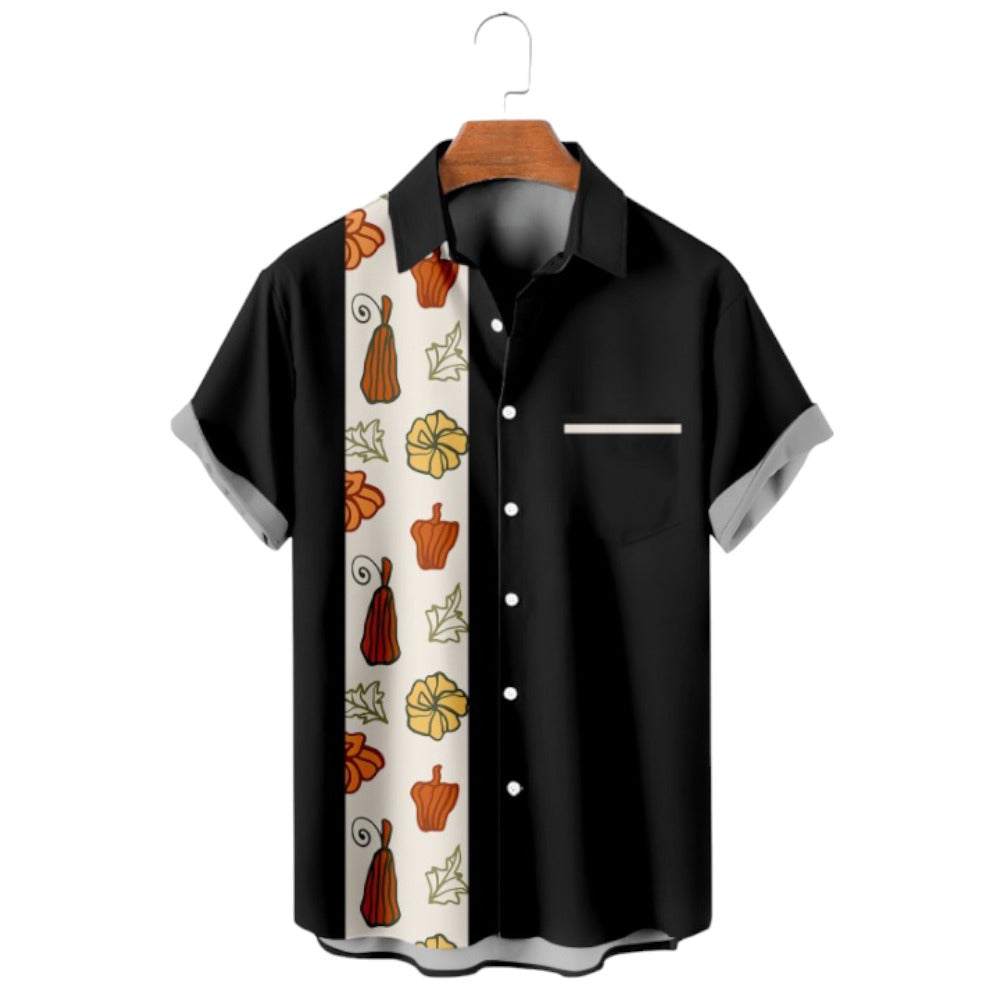 Thanksgiving Pumpkin Print Short Sleeve Bowling Shirt