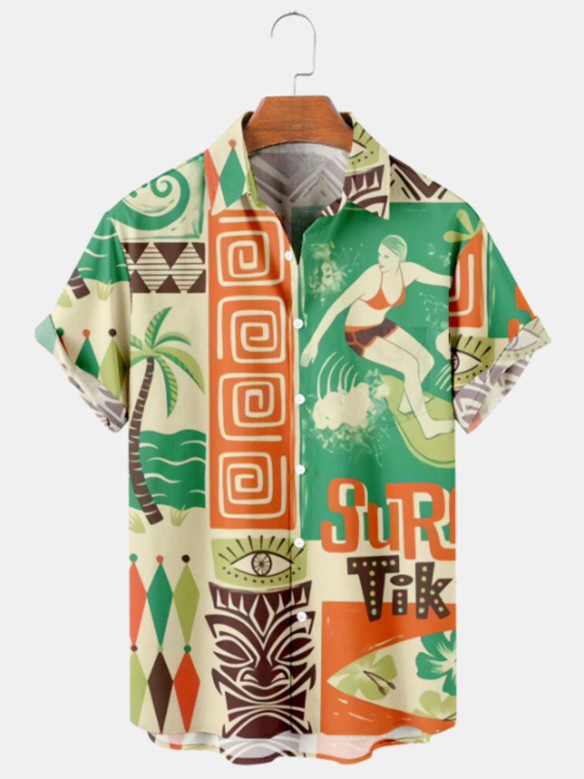 Tiki Print Casual Oversized Short Sleeve Shirt