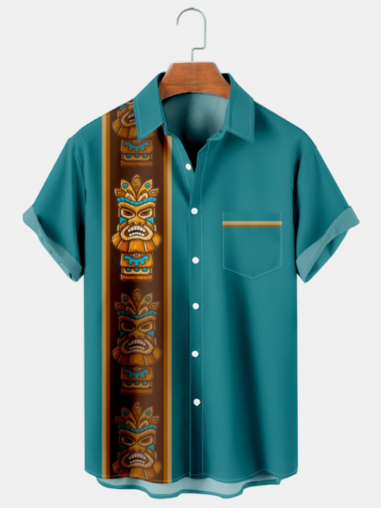 Tiki Print Pocket Bowling Shirt