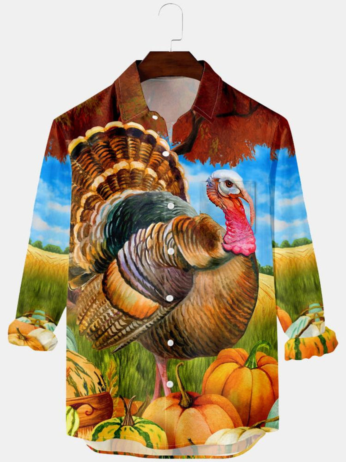 Turkey And Pumpkin Printed Long Sleeve Shirt