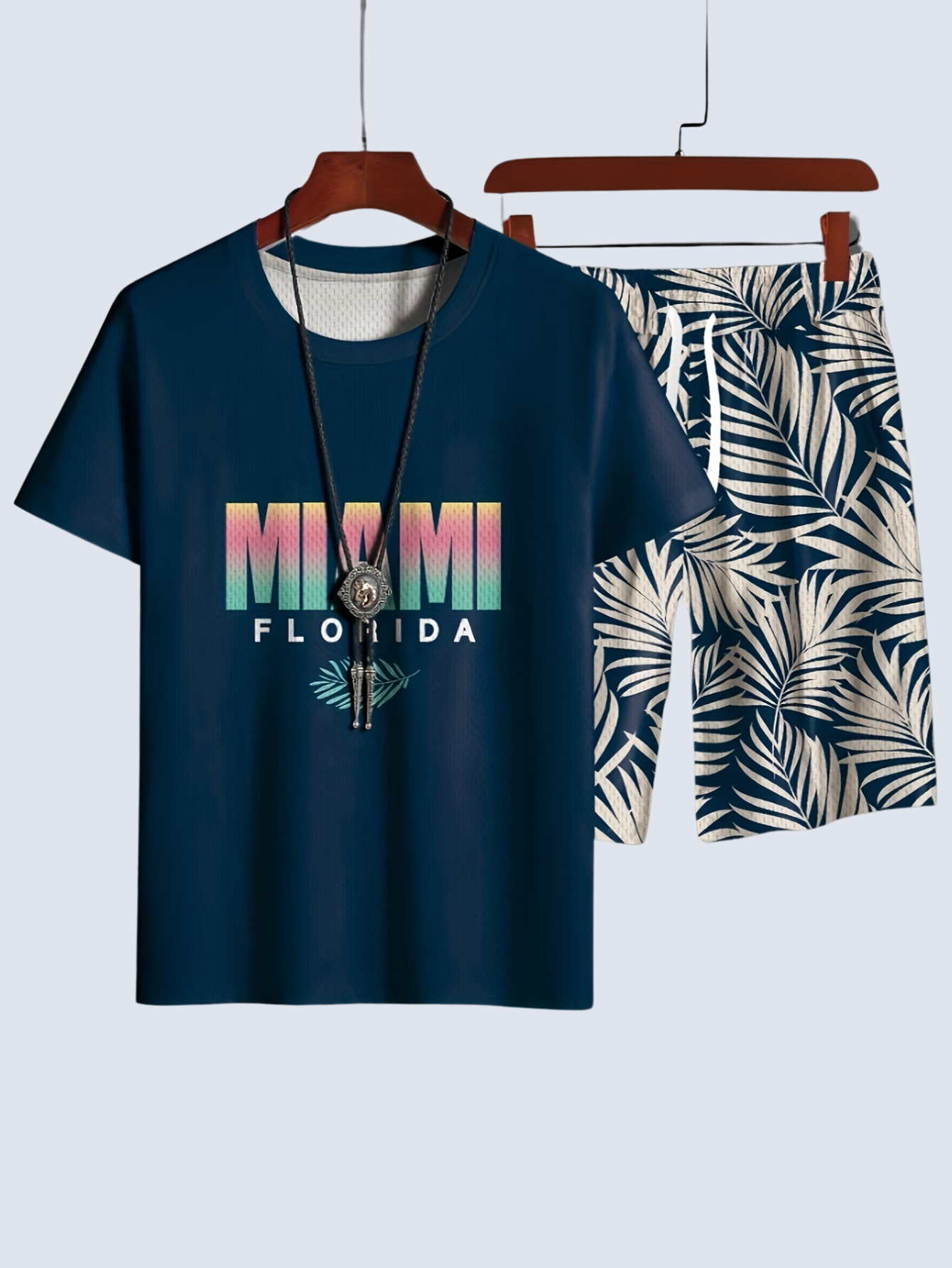 Miami Print T Shirt And Leaf Pattern Shorts