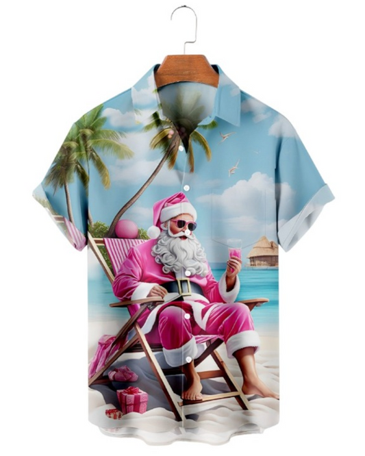 Seaside Santa Print Casual Short Sleeve Shirt