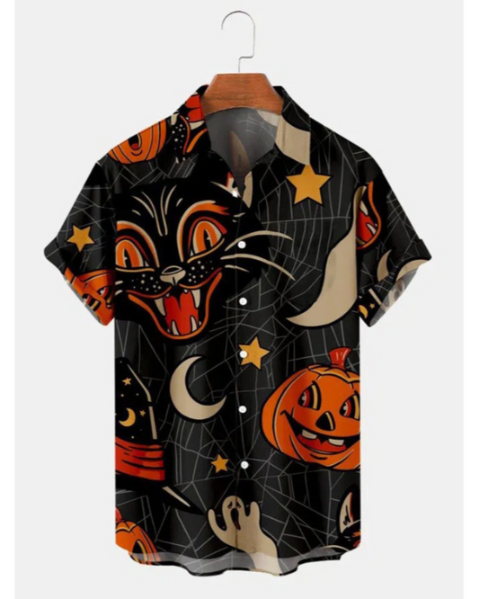 Men's Halloween Pumpkin Cat Print Short Sleeve Shirt