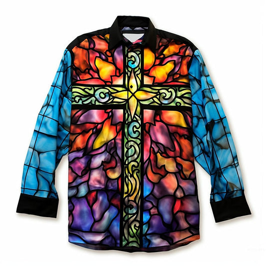 Vibrant Stained Glass Cross Patterned Shirt