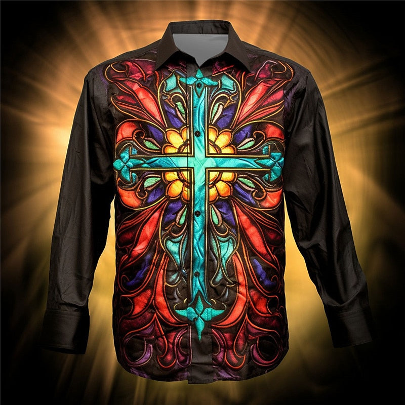 Vibrant Stained Glass Cross Patterned Shirt