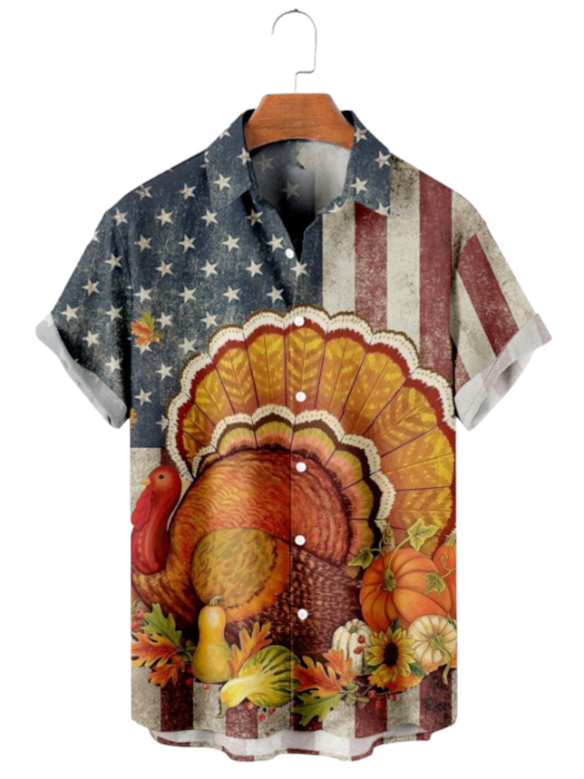 Vintage American Flag Turkey Print Short Sleeve Shirt