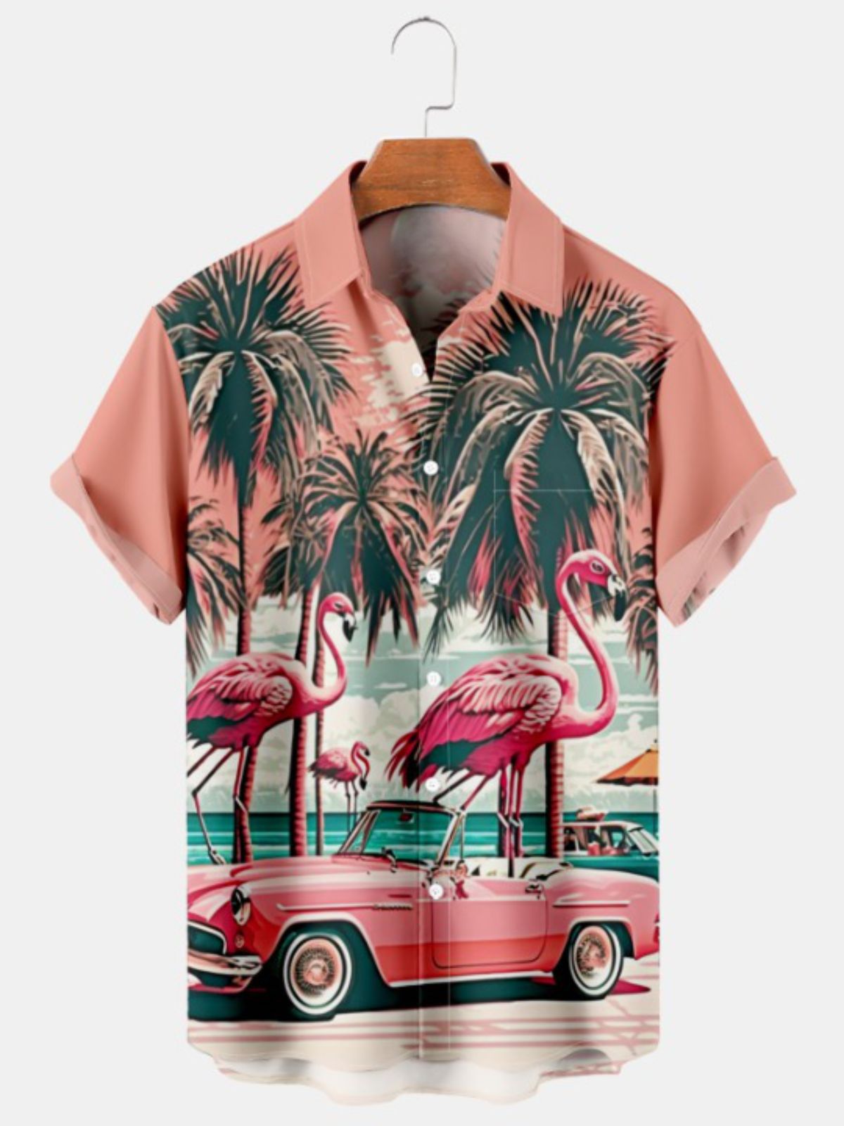 Vintage Car Flamingo Pocket Short Sleeve Shirt
