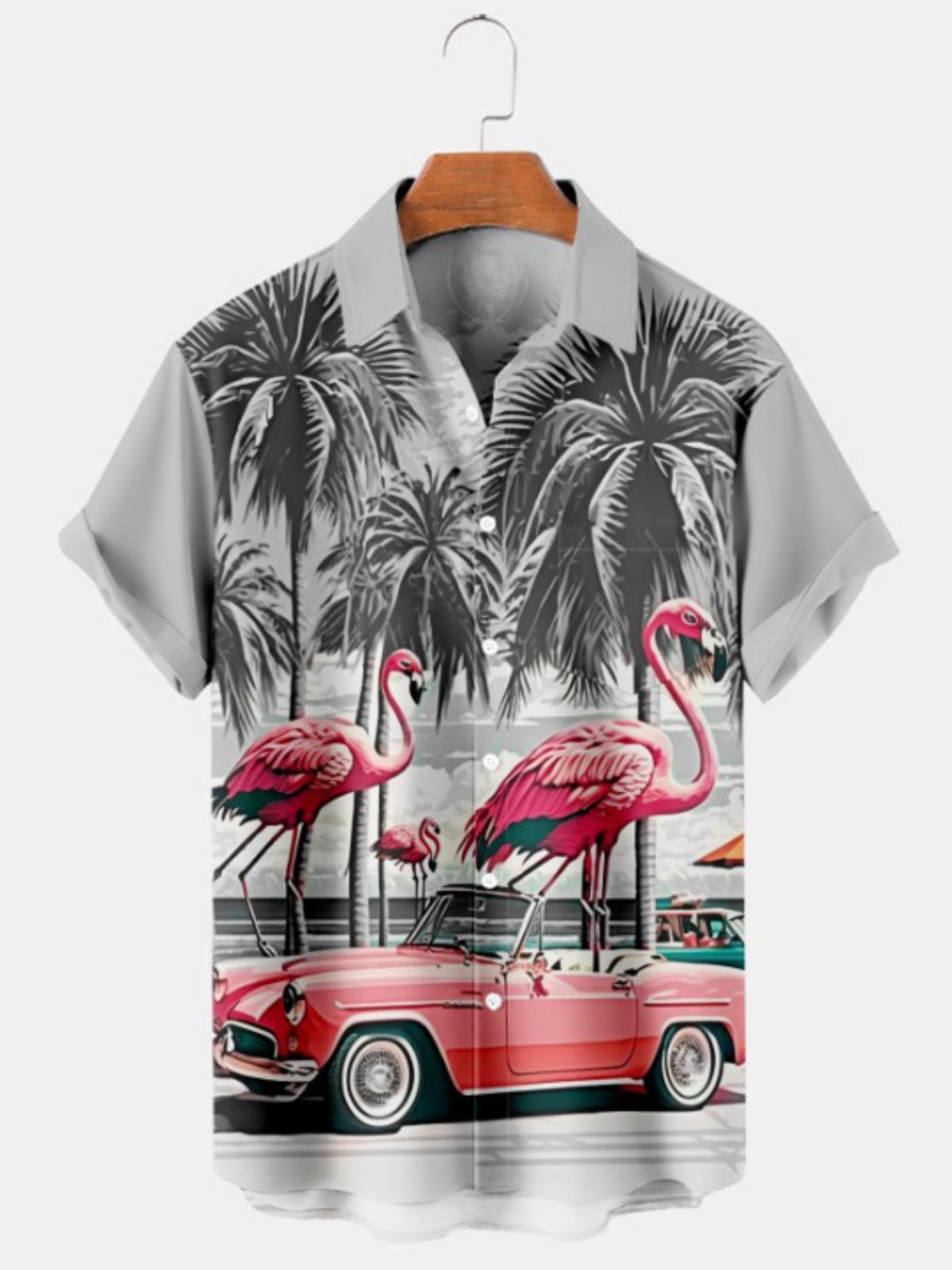 Vintage Car Flamingo Pocket Short Sleeve Shirt