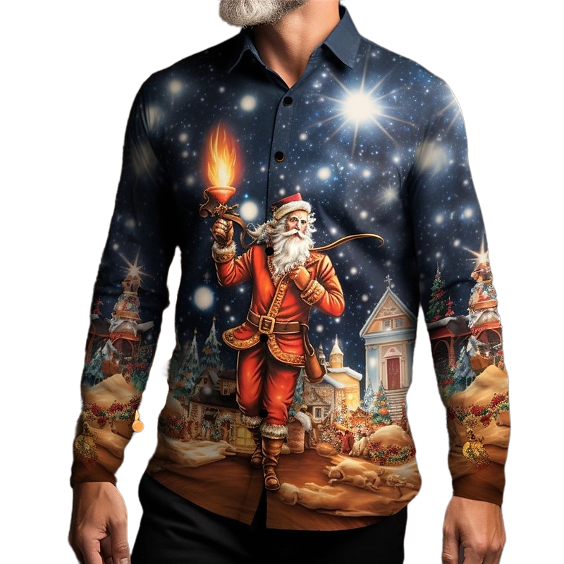 Vintage Santa And Christmas Tree Print Shirt