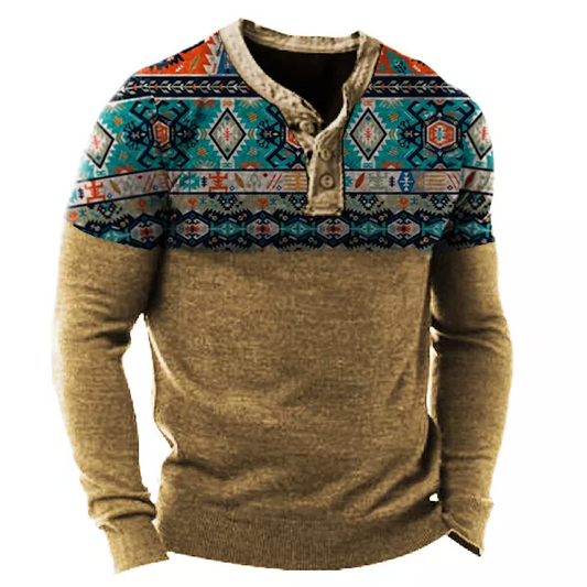 Men's Western Ethnic Pattern Henry Collar T-shirt