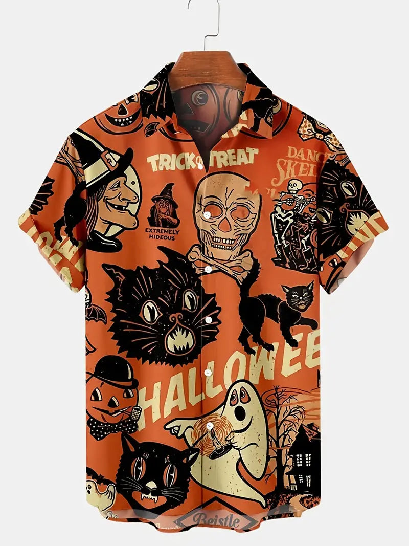 Men's Halloween Cat Print Casual Breathable Short Sleeve Shirt