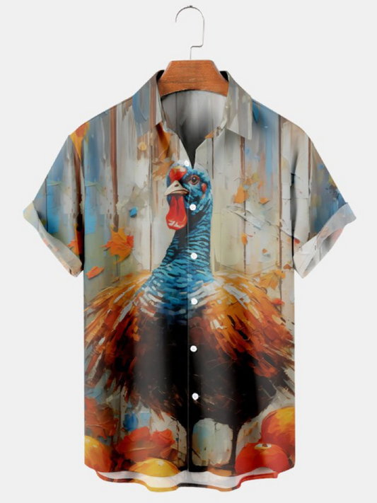 Oil Turkey Pumpkin Print Casual Short Sleeved Shirt