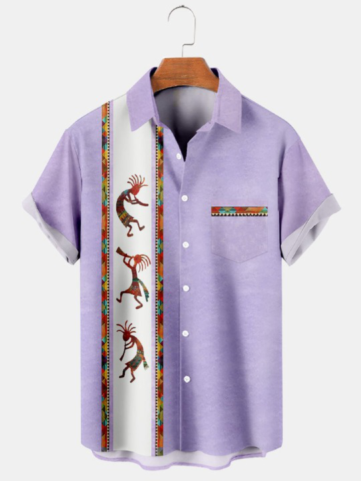 Vintage Kokopelli Stripe Print Bowling Shirt