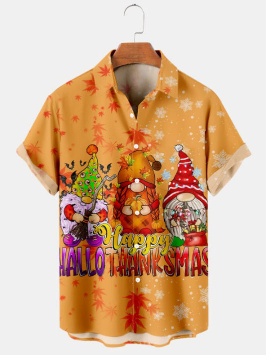 Festive Cartoon Print Casual Short Sleeved Shirt